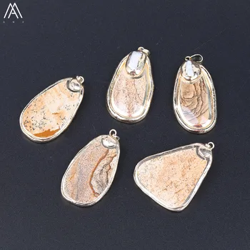 

Fashion Women Faceted Plated Gold Freeform Natural Picture Stone Pendant Necklace Jewelry Findings YT-181AMAB