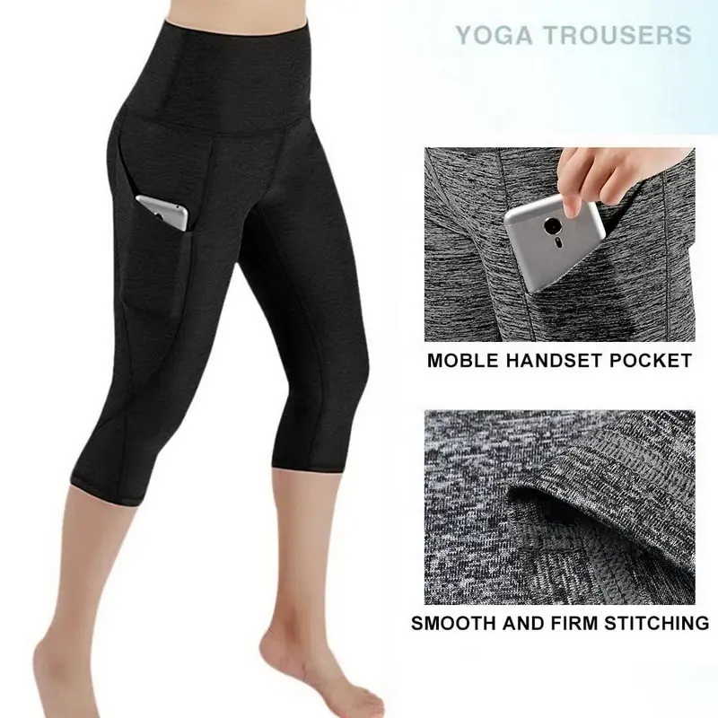 Sports Gym Long Pants Ladies Solid Color High Waist Fitness Hip Lifting Pants Side Pocket Running Yoga Pants