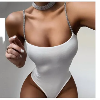 

2020 New Women Sexy Bodysuits Diamond Chain Sling Romper Pure Summer Bodysuit Casual Jumpsuit Sleeveless Playsuit Black White
