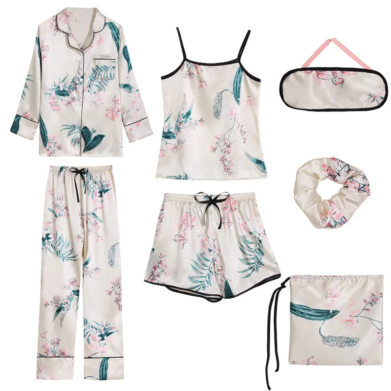 

2018 Hot Selling Maple Leaf Leaf Silk Pajamas Women Tracksuit Seven Sets of All Seasons-Viscose Imitated Silk Fabric