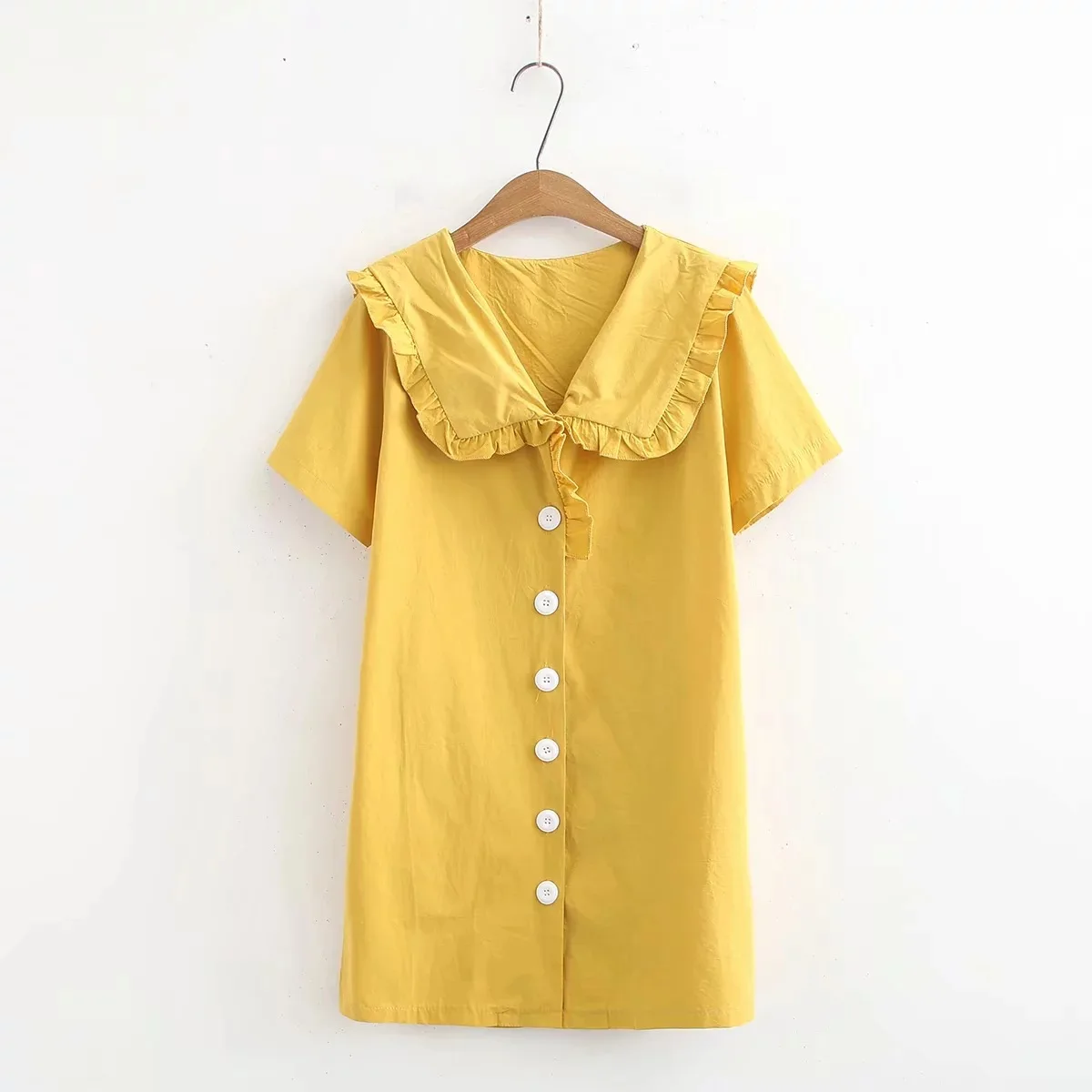 

Ch-937 Solid Color Peter Pan Collar Buckle Slimming Dress