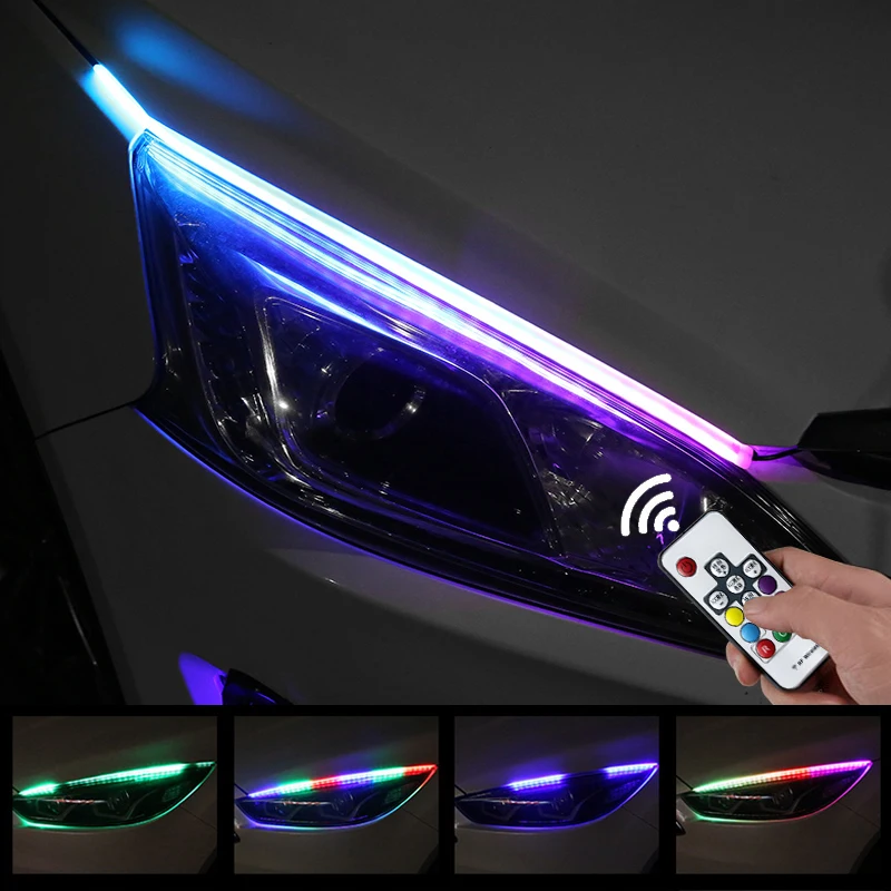 Headlight and Turn Signal Tube Lights 2Pcs Car LED Headlight Strip- 7 Colors & 50 Light Modes With Remote Control- Waterproof Easy to Install- for Car Switchback Light No Drilling Headlight and Turn Signal Tube Lights 2Pcs Car LED Headlight Strip- 7 Colors & 50 Light Modes With Remote Control- Waterproof Easy to Install- for Car Switchback Light No Drilling
