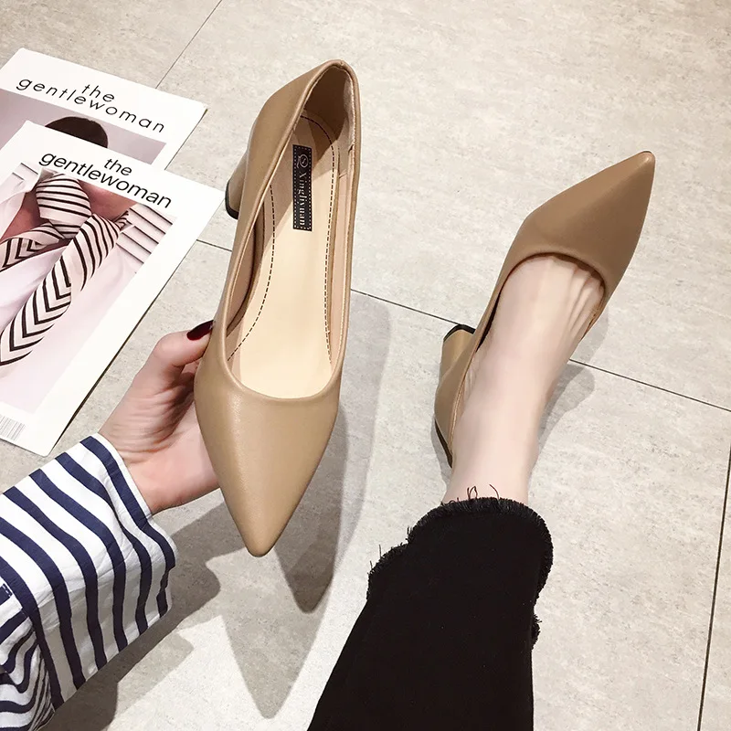 

2019 Europe And America High Heel Shoes Pointed Toe Chunky Heel Spring Women's Low-Cut Low-top Shoes New Style Fashion Chunky-He