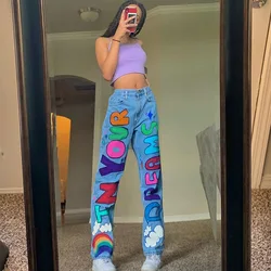 Nova impressão gráficos letras lavagem das mulheres jeans mãe para meninas carga denim oversize baggy jean impresso mulher calças compridas