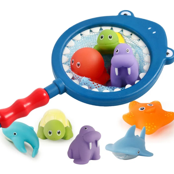 Bath Toy Fishing Floating Squirts Toy and Water Fish Net Bathtub Bathroom Pool Bath M09