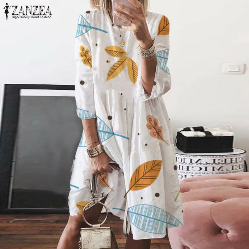 

Bohemian Printed Knee Length Dress Women's Summer Sundress ZANZEA 2019 Casual 3/4 Sleeve Tunic Vestidos Female Floral Robe 5XL