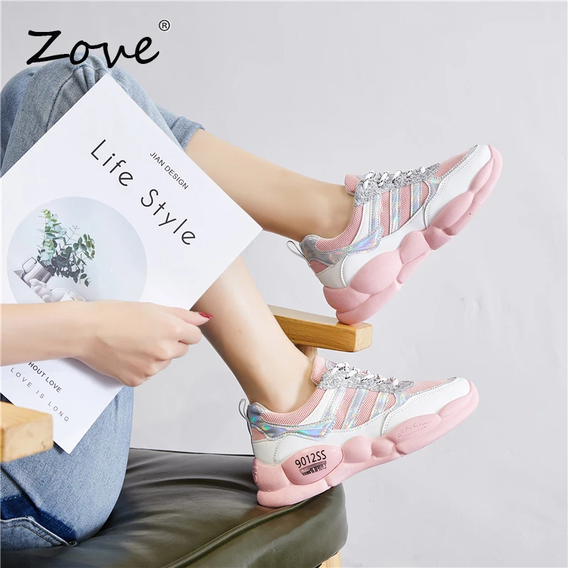 

ZOVE Women Flat Platform Shoes 2019 Autumn Woman Fashion Tennis Walking Shoes Ladies Lace Up Thick Sole Sneakers Femme Footwear