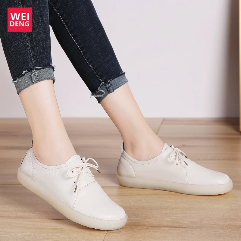 

WeiDeng Women Genuine Leather Casual Flat Shoes Leisure Female Lofaers Girls Lace Up Non Slip Lightweight Soft Light