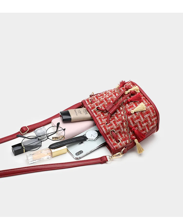 Luxury Brand Handbag Women's Bag Quilted tweed Busket bag Fashion Lady Bohemia Tassel Bags Female Drawstring Crossbody Bag Purse (17)