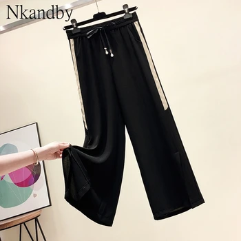 

Plus Size Side Split Wide Leg Pants For Women Summer Fashion Drawstring Thin Chiffon Ankle-length Pants Female Street Trousers