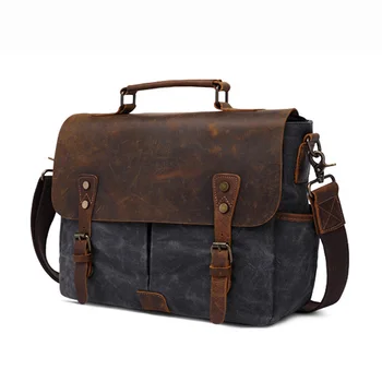 

Oil Waxed Vintage Waterproof Canvas Leather Handbag Bag Crazy Horse Genuine Women Satchel Crossbody Messenger Travel Laptop Bags