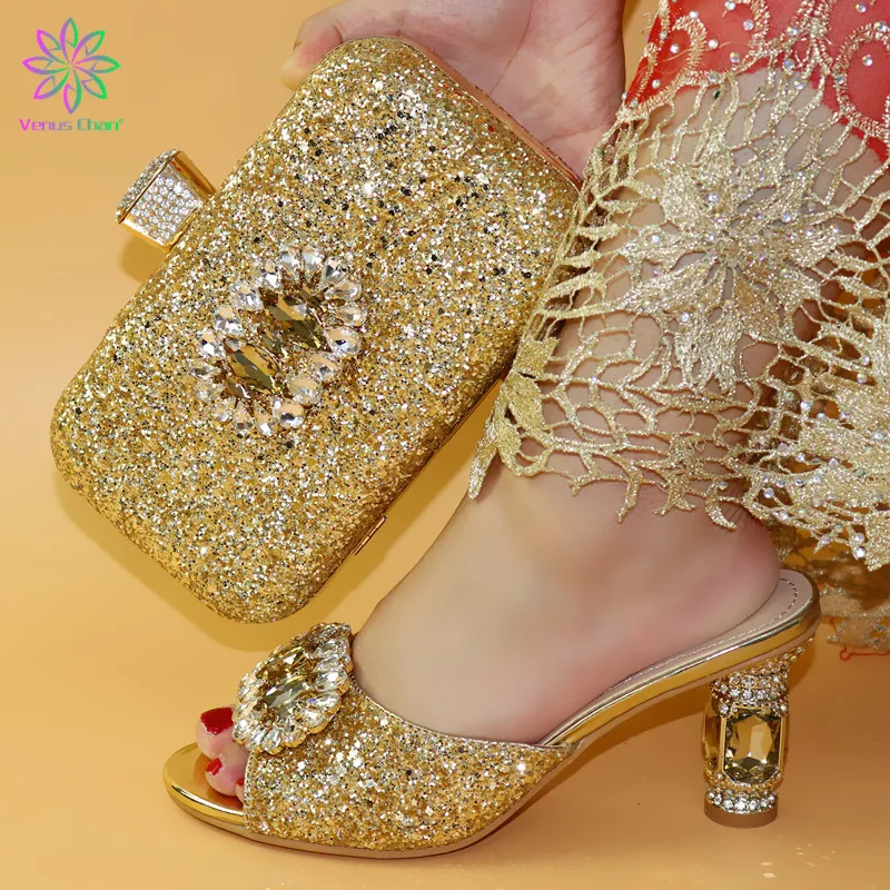 

Nigerian Shoes And Bag 2019 Gold Color Spike Heels Summer Wedding African Matching Shoes and Bag Crystal Shoes Bag