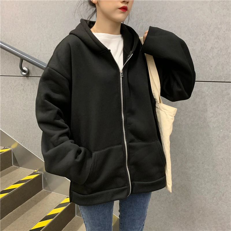 Новинка зимы Harajuku Для женщин худи, свитшот, пальто свободного кроя с длинными рукавами Ins стиле; большие размеры; бархат; утепленная толстовка с капюшоном SJ505 - Цвет: black