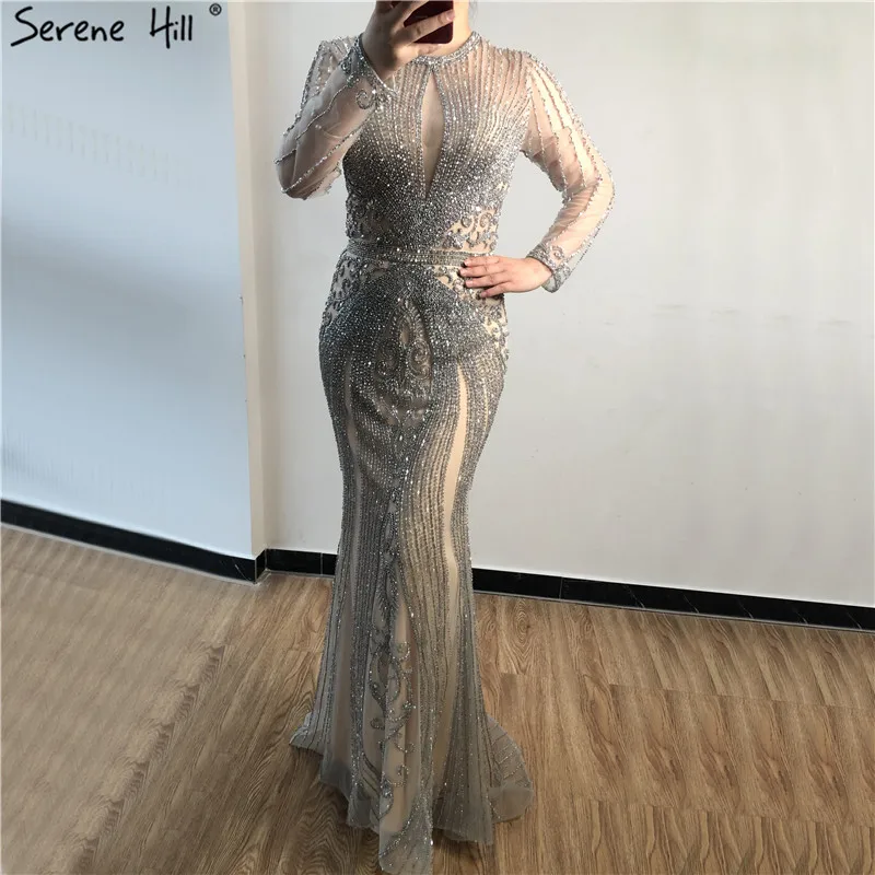 Сереное роскошное серое вечернее платье с длинными рукавами и круглым вырезом, украшенное бриллиантами, темно-синее вечернее платье в стиле русалки, CLA70116