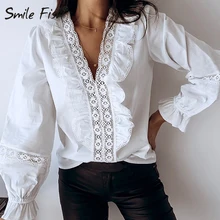 Autumn Women Shirts White Long Seeve Blouses Slim Basic Tops Plus Size Hollow Lace Work Office Lady Blusas GV402