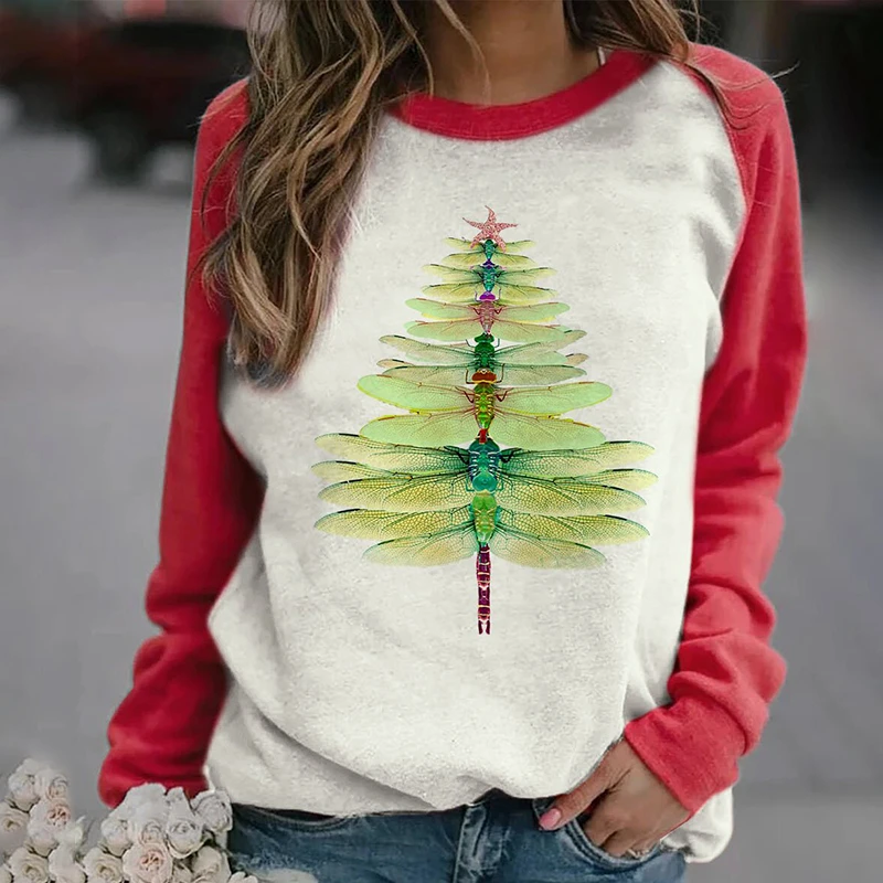 Dragonfly christmas tree print sweatshirt Clearance