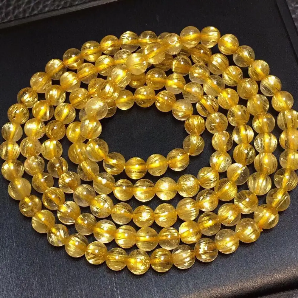 

Natural Gold Rutilated Quartz Bracelet 3 Laps Round Beads 5.5mm Women Men Fashion Wealthy Stone Genuine AAAAA