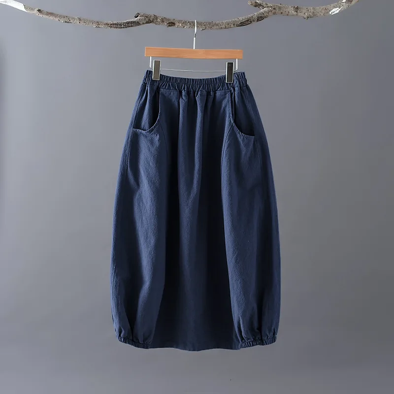Женская юбка с поясом на резинке NINI WONDERLAND, повседневная хлопково-льняная юбка, модель большого размера на осень и весну - Цвет: dark blue