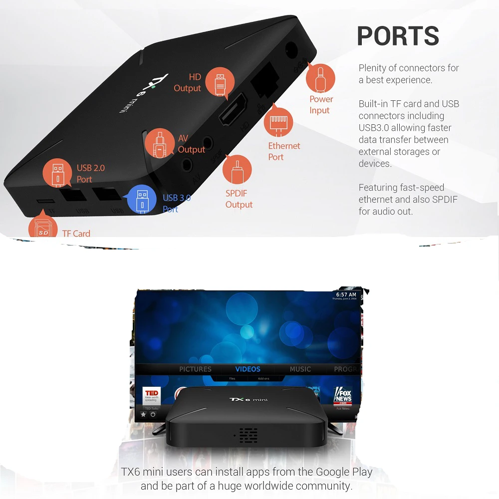 5 шт. TX6 мини 4K ТВ коробка Android 9,0 2 Гб 16 Гб Allwinner H6 четырехъядерный USD3.0 2,4G Wifi проигрыватель google Youtube Netflix PK TX3 X96