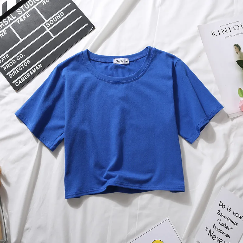 2020 Summer Short Sleeve T Shirts Women Cotton Solid T-shirt  O Neck High Waist Crop Top Tee Female Casual Loose  T Shirt