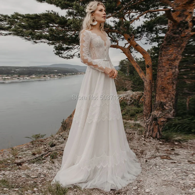 

Bohemia A Line Wedding Dresses V Neck Long Sleeves Vestido De Noiva Sweep Train Bridal Gown Button Illusion