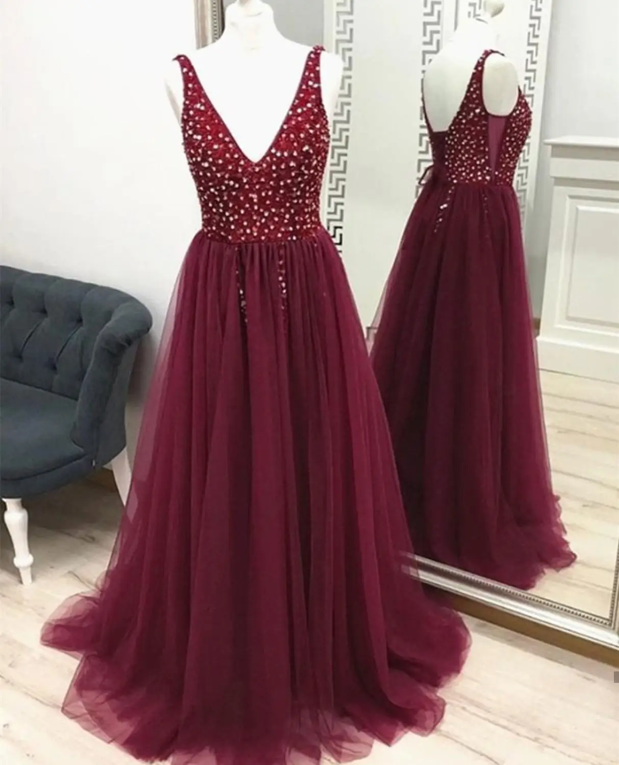 Красное вино платье для выпускного вечера vestido de festa с v-образным вырезом, без рукавов, со складками, без спинки, из тюля, женское элегантное вечернее платье