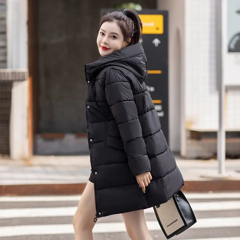 

2021 New Parkas Women's Winter Mid-Length Down Padded Cotton Jacket With Hood Thickened Warmth Padded Coat Femme's Outerwear Zip