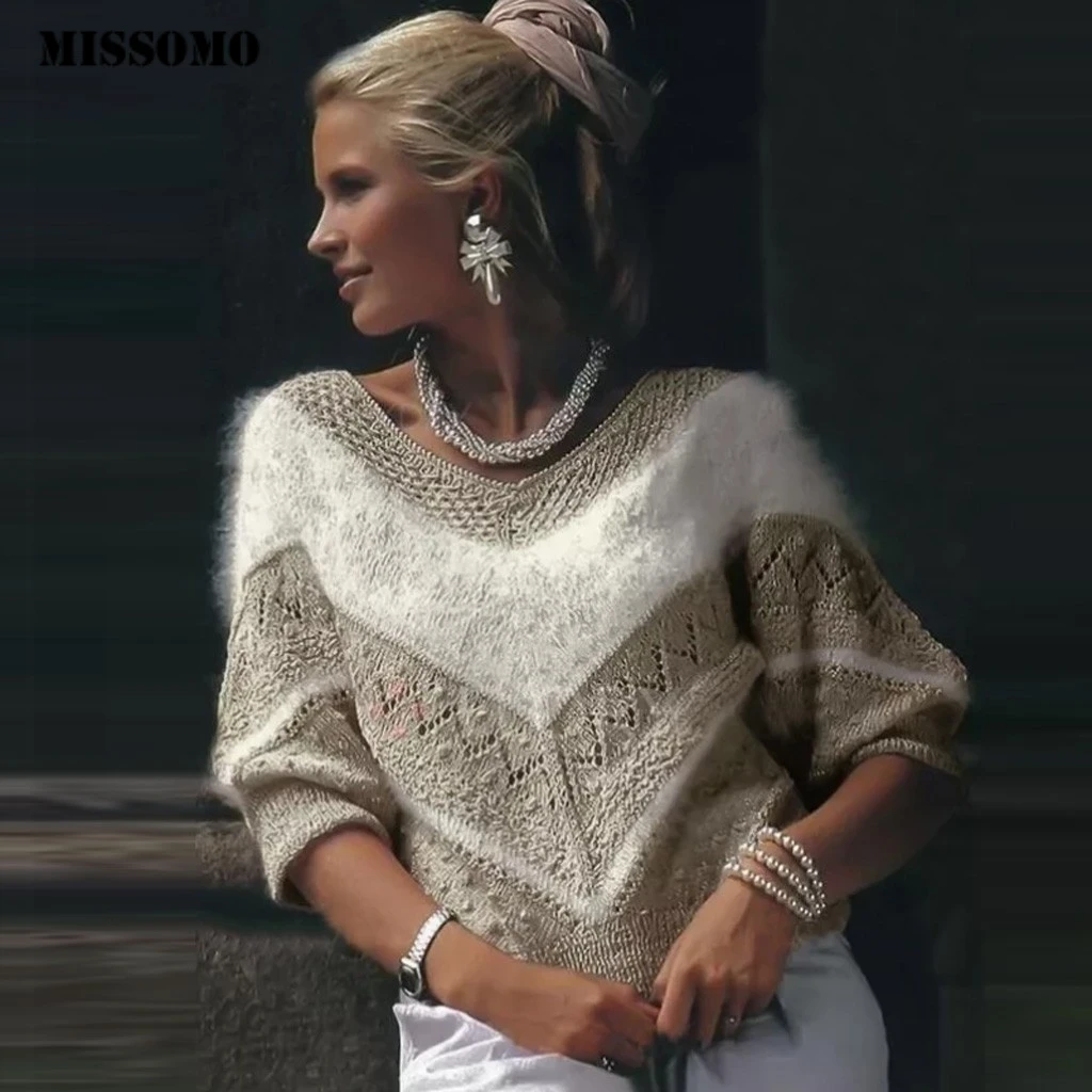 Online MISSOMO Winter Sweater mujer manga larga cuello redondo simétrico V patrón cálido invierno suéteres sueltos Jersey pull jumper tapas