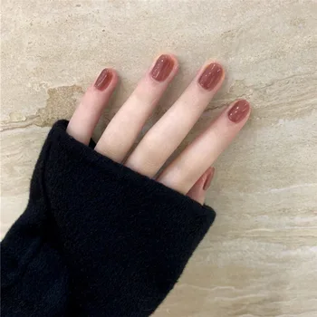 

24pcs New Korean Jelly Fake Nail Stickers with Glue Ins Elegent Pure Color Manicure Decorations Short Round press on nails short