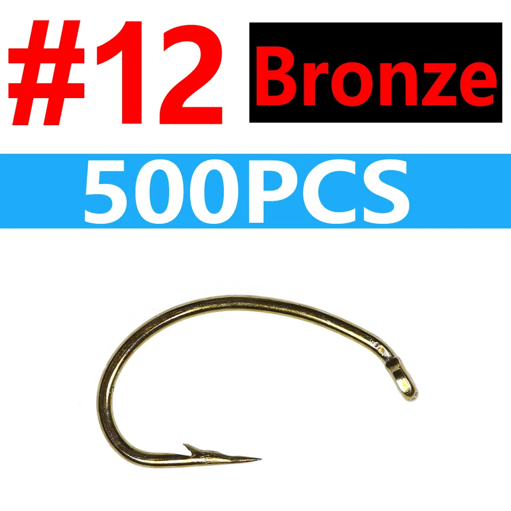 Bronze 500pcs 12 Bimoo, 500 шт., 1 проволока бронзового цвета, загнутый хвостовик, Scud, Nymph, крючок для завязывания мушек, Высокоуглеродистый крючок для рыбы, размер#10#12#14#16 - Цвет: Bronze 500pcs 12