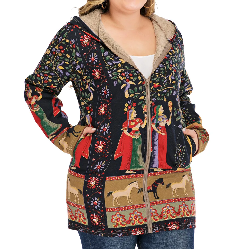 amazing  Womens Coat Winter Warm Outwear Floral Print Hooded Pockets Vintage Oversize Female Coats Women's C