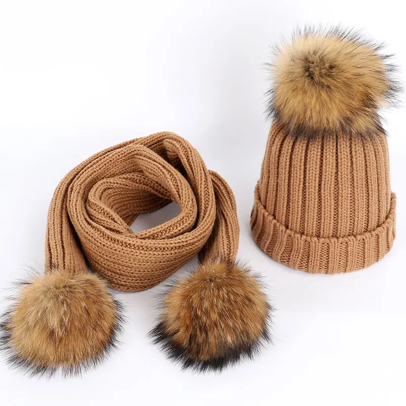 Модные женские помпон из меха енота вязаные шапочки наборы шарф шапка высокого качества мягкие шапки зимние тёплые шарфы женские хлопковые мешковатые - Цвет: Khaki-1