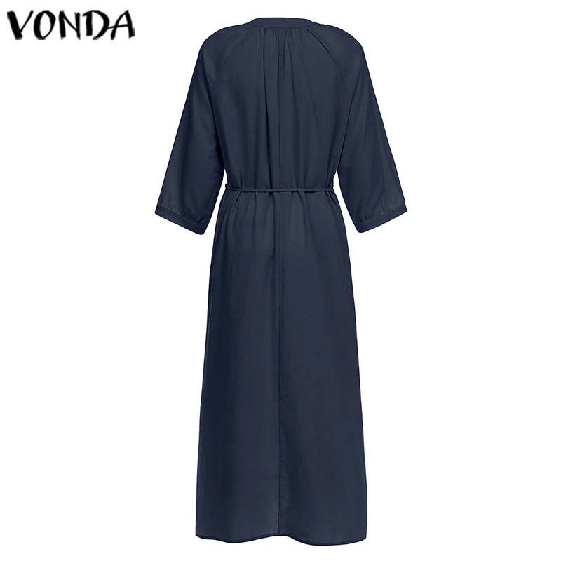 VONDA/платье-рубашка, женские сексуальные однотонные вечерние платья с v-образным вырезом и длинным рукавом, повседневные богемные платья Vestidos Femme S-5XL, Пляжное Платье