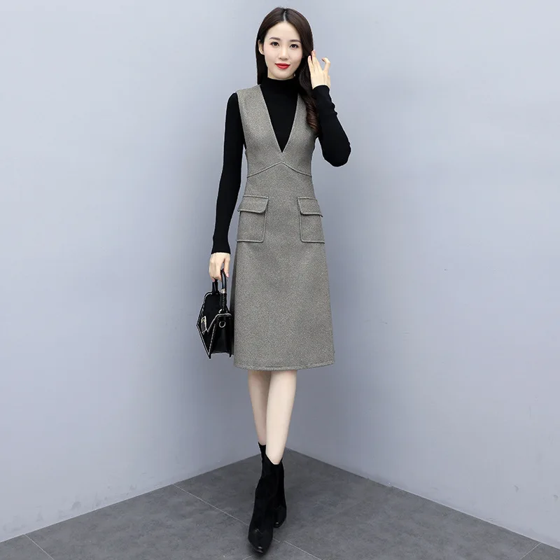 

2019 Autumn And Winter Base Woolen Vest Dress-Style Slim Fit Elegant White Collar Versatile Suit Skirt