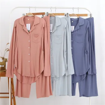 

Fdfklak 3 Colors Cotton Maternity Sleepwear Nightie For Feeding Pregnancy Clothes Spring Autumn Long Sleeve Nursing Pajamas
