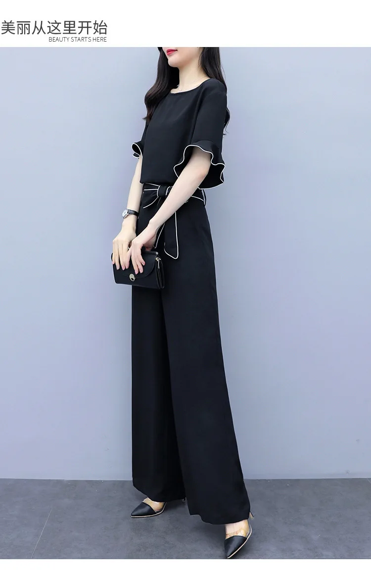 velour tracksuit women Wide Leg Pants Suit Women's Summer Two 2 Piece Set Elegant Clothes Black Tops and Office Ladies Flare Trousers Female Plus Size cute two piece sets