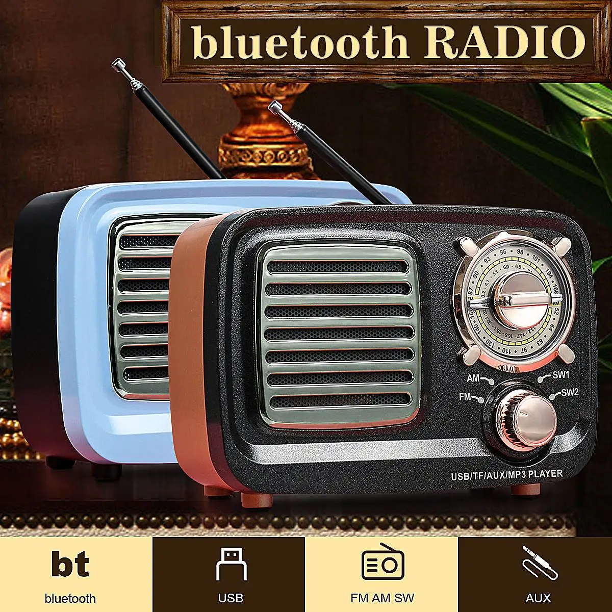 Портативное bluetooth радио в стиле ретро басовый динамик FM AM SW плеер портативная