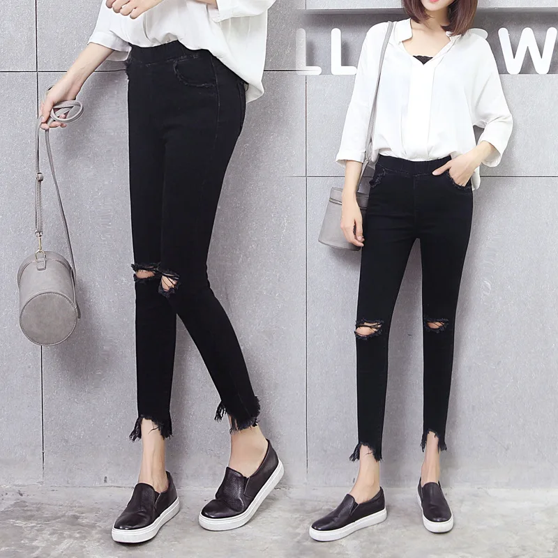 Черные с дырками Джинсы женские весна и осень с эластичной талией обтягивающие брюки длиной до щиколотки брюки-карандаш узкие брюки