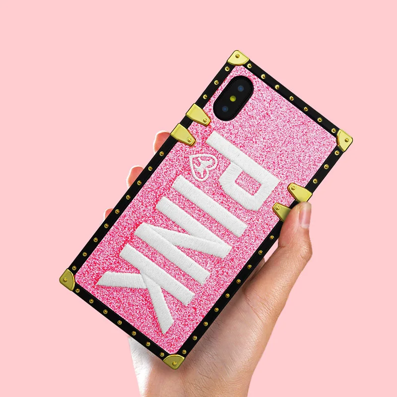 

High-grade embroidery PINK TEXT Glitter Plating Frame Cases For iPhone XR X XS Max 6 6S 7 8 Plus Girl Cute Fashion Phone Case