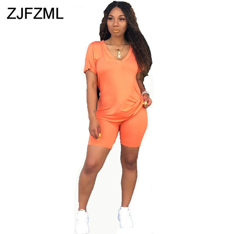 Неоновый оранжевый повседневный комплект из двух предметов, сексуальная клубная одежда, женская футболка с v-образным вырезом и коротким рукавом и байкерские шорты, спортивные костюмы, подходящие комплекты