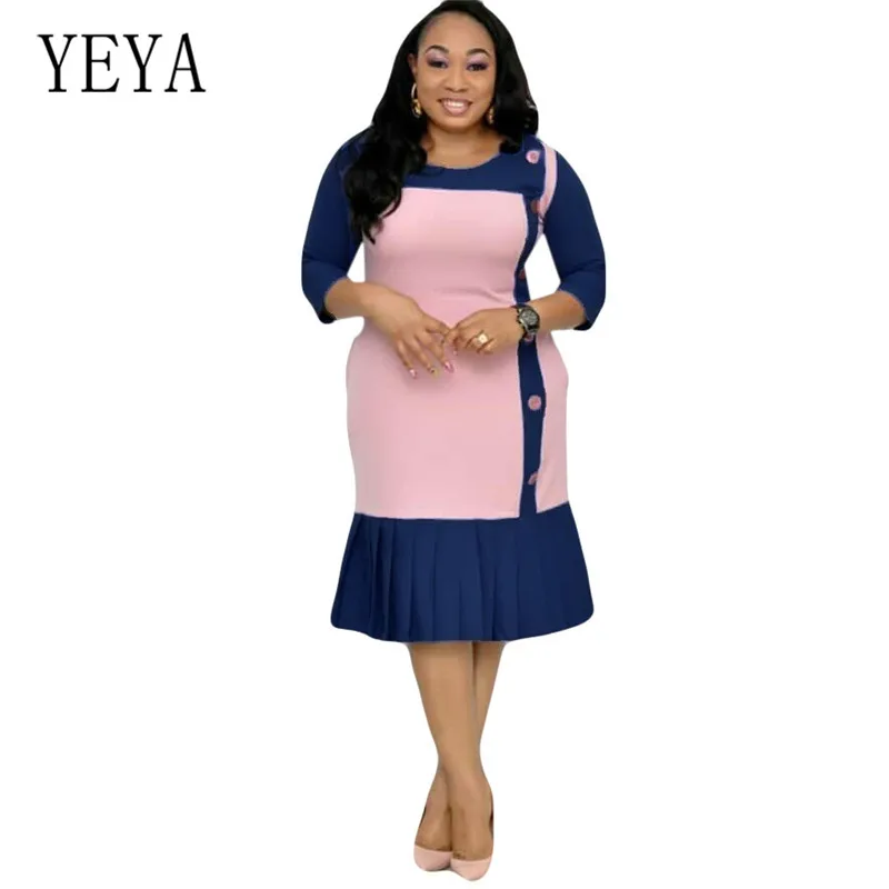 

YEYA Elegant Women's Color Matching Button Pleated Seven-point Sleeve Commuter Dress Female Stylish Dress Plus Size 3XL Robes
