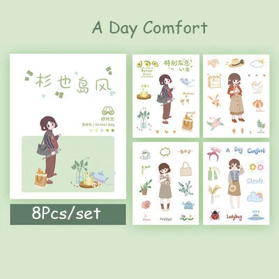 8 Pcs/Set Kawaii Sticker Girls Series Stickers Daily life Envelope Sticker Japan Style Stationery Sticker Journal DIY Material - Цвет: A Day Comfort