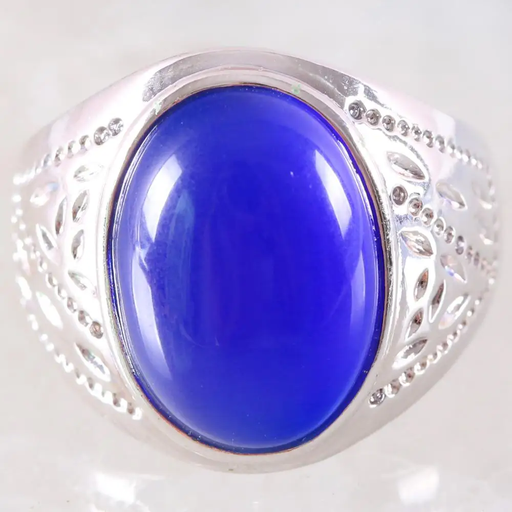 

1Pcs Silver Color Jewelry Gift Ring For Women Men Natural Stone Oval Bead Blue Onyx Finger Ring Z032