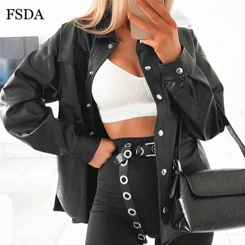FSDA Женская Черная Куртка из искусственной кожи на пуговицах, уличная одежда с длинным рукавом, осенне-зимнее женское пальто, верхняя одежда с отложным воротником