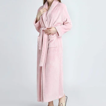 

Winter Women Flannel Sleeprobe Couple Long Warm Solid Color Long Sleeve Bathrobe