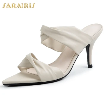 

Sarairis Top Quality Sale Luxury Design Thin High Heels Summer Skin Insole Sandals Mules Pumps women's Shoes Woman
