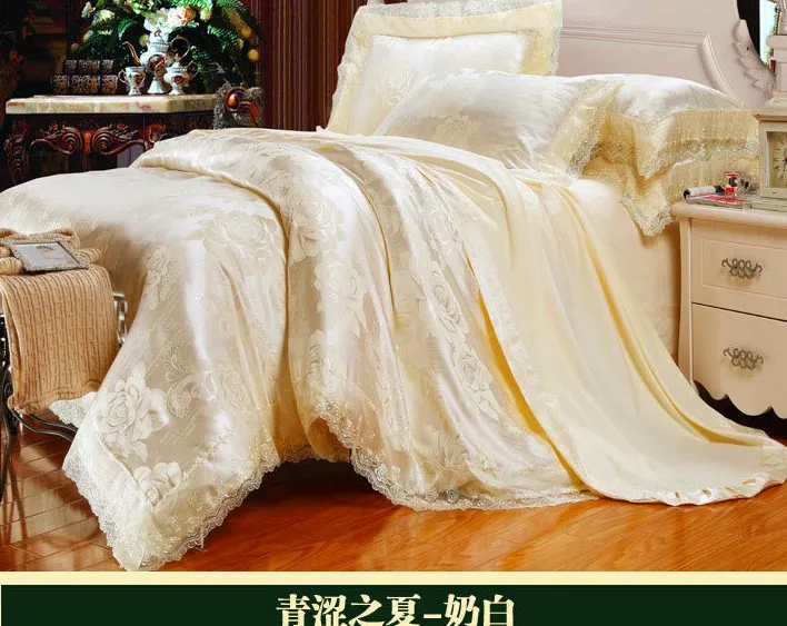 Luxury Satin Bedding sets White Jacquard duvet cover set Lace bed sheet sheets linen quilt bed in a bag King Queen size 4PCS
