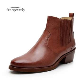 

Yinzo Ankle Boots Women Genuine Cow Leather Retro Style Waxing Round Toe Side Slip on Winter Lady Boots Handmade Shoes