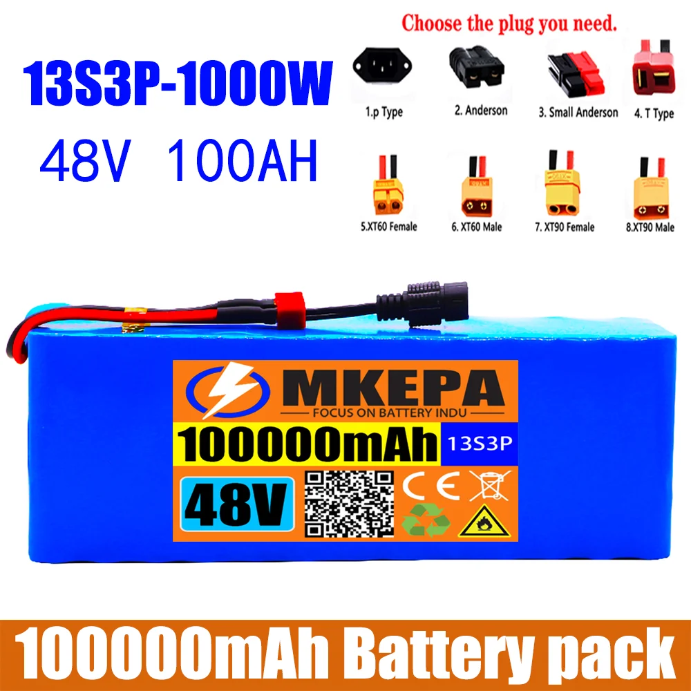 High Capacity 48V 100000mAh 1000W 13S3P Lithium-ion Battery Pack For 54.6V E-bike Electric Bicycle Scooter with BMS | Электроника