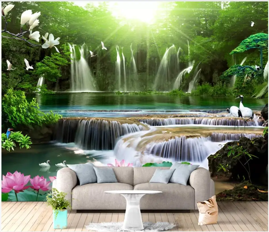 

WDBH Custom photo mural 3d wallpaper Mountain forest waterfall lake scenery home decor 3d wall murals wallpaper for living room